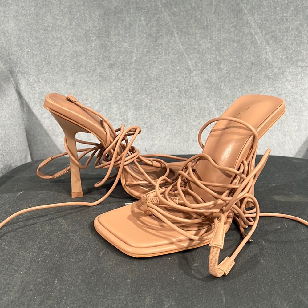 PLT Nude Wide Fit PU Square Toe Thong Lace Up High Heeled Sandals